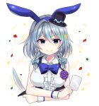  1girl alternate_costume animal_ears black_eyes blue_bow bow braid breasts card center_frills confetti crossed_arms flower frills hair_ribbon hat highres impossible_clothes izayoi_sakuya knife large_breasts looking_at_viewer mini_hat purple_flower purple_rose rabbit_ears ribbon rose shiny shiny_hair short_hair silver_hair smile solo subaru_(subachoco) touhou tress_ribbon twin_braids wrist_cuffs 
