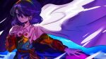  1girl asuku_(69-1-31) bangs breasts cape eyebrows_visible_through_hair hair_between_eyes hairband highres long_sleeves looking_at_viewer multicolored multicolored_clothes purple_hair short_hair small_breasts smile tenkyuu_chimata touhou violet_eyes white_cape wind wind_lift 