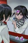  1boy absurdres arm_up bangs black_hair blurry blurry_foreground bottle checkered checkered_scarf dangan_ronpa_(series) dangan_ronpa_v3:_killing_harmony depth_of_field grey_background grey_jacket hair_between_eyes hand_up highres holding holding_bottle jacket long_sleeves looking_at_mirror male_focus mirror open_mouth ouma_kokichi paper purple_hair scarf solo straitjacket sweat tama_rick violet_eyes 