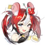  1girl :d absurdres animal_ears bare_shoulders black_choker black_gloves blue_eyes cheese choker earrings extra_ears food gloves hakos_baelz highres hololive hololive_english jewelry long_hair looking_at_viewer mouse mouse_ears mousetrap mr._squeaks_(hakos_baelz) multicolored_hair off_shoulder open_mouth portrait redhead sharp_teeth sidelocks simple_background smile solo soyoong_jun spiked_choker spikes streaked_hair teeth twintails two-tone_hair virtual_youtuber white_background 