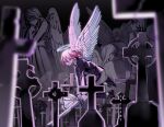  1boy angel angel_devil_(chainsaw_man) angel_wings black_footwear black_jacket bouquet chainsaw_man crossed_arms feathered_wings flower glowing graveyard hair_between_eyes halo holding holding_sword holding_weapon jacket long_hair myon_(tokipi) purple_hair red_eyes shoes solo statue sword tombstone weapon white_wings wings 