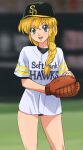  1girl baseball baseball_cap baseball_mitt baseball_uniform blonde_hair braid green_eyes haruyama_kazunori hat holding long_hair looking_at_viewer melody_patricia_norman miracle_giants_domu-kun no_pants open_mouth short_sleeves smile solo sportswear 