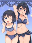  2girls ;d absurdres antennae arm_behind_back arm_behind_head armpits bangs black_hair blue_background blue_bra blue_eyes blue_nails blue_panties bra breasts collarbone commentary cowboy_shot greater_lophorina_(kemono_friends) groin head_wings highres index_finger_raised kemono_friends leaning_forward lingerie looking_at_viewer medium_breasts multiple_girls nail_polish navel one_eye_closed open_mouth panties shiraha_maru short_hair simple_background smile stomach tail thigh_gap underwear underwear_only western_parotia_(kemono_friends) 