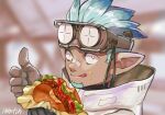  1boy aqua_hair arknights beard black_gloves burger commentary_request dark_skin eating ethan_(arknights) facial_hair food gloves goggles goggles_on_head holding licking_lips looking_at_viewer male_focus oraoranudamuda pointy_ears smile solo thumbs_up tongue tongue_out turtleneck white_eyes 