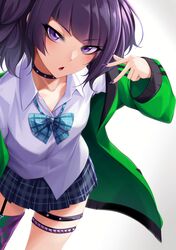  1girl bangs blue_bow blue_skirt blunt_bangs blush bow choker collarbone commentary_request cowboy_shot eyebrows_visible_through_hair frown garter_straps green_jacket highres idolmaster idolmaster_shiny_colors jacket looking_at_viewer miniskirt nail_polish pleated_skirt purple_hair purple_legwear shirt simple_background single_thighhigh skirt solo takagi_mitsukuni tanaka_mamimi thigh-highs thigh_strap v violet_eyes white_background white_shirt 