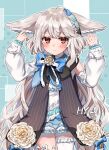  1girl ahoge animal_ear_fluff animal_ears bare_shoulders beeftanizoko commentary_request commission commissioner_upload ears_down fox_ears fox_girl highres large_ears long_hair original red_eyes sakurada_shiro skeb_commission solo tied_hair very_long_hair white_hair 