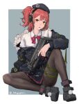  1girl absurdres artist_name bangs beret black_footwear black_headwear black_jacket black_legwear black_skirt bow bowtie candy eyebrows_visible_through_hair food fur-trimmed_jacket fur_trim girls_frontline gun h&amp;k_mp7 hair_bobbles hair_ornament hat headphones highres holding holding_gun holding_weapon jacket lithographica lollipop long_sleeves looking_at_viewer mouth_hold mp7_(girls_frontline) nail_polish off_shoulder one_side_up pantyhose pink_nails pink_neckwear pleated_skirt redhead revision shirt simple_background sitting skirt solo submachine_gun thigh_strap twitter_username two-tone_background weapon white_shirt yellow_eyes 