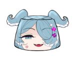  1girl :3 :d anger_vein blue_eyes elira_pendora fangs food foodification hair_over_one_eye head_wings looking_at_viewer nijisanji nijisanji_en one_eye_covered open_mouth psychooorb pudding simple_background slit_pupils smile solo transparent_background virtual_youtuber 