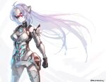  1girl android bare_shoulders blue_hair breasts elbow_gloves expressionless forehead_protector gloves highres kos-mos kos-mos_re: large_breasts leotard long_hair looking_at_viewer mutomorokoshi red_eyes simple_background solo standing thigh-highs very_long_hair white_leotard xenoblade xenoblade_chronicles_(series) xenoblade_chronicles_2 xenosaga 
