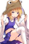  1girl :p blonde_hair brown_headwear commentary_request e.o. eyebrows_visible_through_hair hat highres long_sleeves looking_at_viewer midriff moriya_suwako navel purple_skirt sitting skirt solo thigh-highs thighs tongue tongue_out touhou white_legwear yellow_eyes 