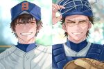  2boys ace_of_diamond baseball_cap baseball_helmet baseball_mitt baseball_uniform blush brown_eyes brown_hair day glasses hat helmet highres looking_at_viewer male_focus miyuki_kazuya multiple_boys outdoors sawamura_eijun short_hair smile sportswear sweat sweatdrop teeth terarenai upper_body 