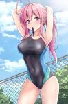  1girl ahoge armpits arms_up ass_visible_through_thighs bare_arms bare_shoulders black_swimsuit blue_ribbon blue_sky blue_swimsuit blush breasts chain-link_fence collarbone competition_swimsuit covered_navel cowboy_shot day fence green_swimsuit hair_tie hair_tie_in_mouth highres kotatsu_(kotatsu358) large_breasts long_hair looking_at_viewer mouth_hold multicolored multicolored_clothes multicolored_swimsuit neet_de_otaku_na_kunoichi_to_naze_ka_dousei_hajimemashita one-piece_swimsuit outdoors pink_hair ponytail ribbon shizuri_(neet_de_otaku_na_kunoichi_to_naze_ka_dousei_hajimemashita) sidelocks sky solo swimsuit thighs tying_hair violet_eyes 