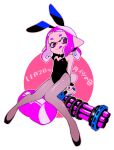  1girl :q animal_ears bangs black_footwear black_leotard black_neckwear blunt_bangs bob_cut bow bowtie closed_eyes commentary dated fake_animal_ears fake_tail flats grey_legwear heavy_splatling_(splatoon) highres holding holding_weapon ika_shicomcom inkling leotard long_hair looking_at_viewer pantyhose playboy_bunny pointy_ears purple_hair rabbit_ears rabbit_tail short_hair sitting smile solo splatoon_(series) strapless strapless_leotard tail tentacle_hair tights_day tongue tongue_out translated violet_eyes weapon white_background 