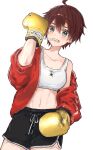  1girl ahoge black_shorts blue_eyes boxing_gloves brown_hair clenched_teeth collarbone commentary_request cowboy_shot crop_top gym_shorts hand_up highres jacket long_sleeves looking_at_viewer midriff nanaponi off_shoulder ousumi_mamiya parted_lips red_jacket sakura_kakumei short_hair shorts simple_background sleeves_rolled_up solo star_(symbol) string_in_mouth tank_top teeth tomboy white_background white_tank_top 