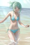  1girl absurdres aqua_bikini bikini blue_sky breasts clouds commentary_request day green_eyes hair_ornament hairclip highres large_breasts leaning_forward long_hair looking_at_viewer original outdoors ponytail side-tie_bikini sky small_breasts solo swimsuit takuan_(a_mood_home) wading waves 