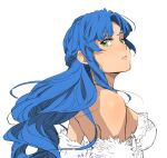  1girl blue_hair breasts closed_mouth enami_katsumi floating_hair from_side green_eyes hair_intakes highres long_hair looking_at_viewer looking_back medium_breasts puyopuyo rulue_(puyopuyo) sideboob simple_background sketch solo upper_body very_long_hair white_background 