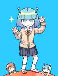  1girl 2boys :| alien andromedako andromedao antennae bangs blue_background blue_hair blue_skirt blunt_bangs blush bob_cut brown_cardigan brown_eyes brown_hair cardigan claw_pose closed_mouth commentary curled_fingers dress_shirt hands_up jitome looking_at_another looking_at_viewer multiple_boys nayutalien nayutan_sei_kara_no_buttai neck_ribbon pleated_skirt red_neckwear ribbon school_uniform shirt shoes short_hair skirt smile solo_focus sparkle terada_tera uwabaki v-shaped_eyebrows white_footwear white_legwear white_shirt 
