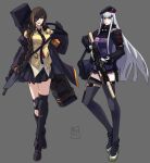  2girls assault_rifle bag beret black_gloves boots braid braided_ponytail brown_hair case collared_shirt eyebrows_visible_through_hair eyepatch facial_mark full_body girls_frontline gloves green_eyes gun gun_case h&amp;k_hk416 hair_ornament hairclip hat high_heel_boots high_heels highres hime_cut hk416_(girls_frontline) holding holding_gun holding_weapon jacket kamuify knee_brace knee_pads long_hair looking_at_viewer m16a1 m16a1_(girls_frontline) mole mole_under_eye multicolored multicolored_clothes multicolored_hair multicolored_jacket multiple_girls necktie particle_cannon_case pleated_skirt rifle scar scar_across_eye shirt shoulder_bag shoulder_strap silver_hair skirt strap_pull streaked_hair thigh-highs two-tone_jacket weapon white_gloves zettai_ryouiki 