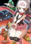  1girl black_hair blue_eyes blue_hair breasts hikari_(pokemon) everyone gallade gen_4_pokemon gradient gradient_background grey_eyes grin hat headgear headwear highres infernape long_hair looking_at_viewer looking_back looking_to_the_side lucario miniskirt open_mouth pale_skin panties pantyshot poke_ball pokemon pokemon_(anime) puchidori red_eyes scarf simple_background skirt small_breasts smile thick_thighs thighs toxicroak underwear video_game wide_hips 