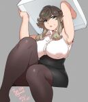  1girl agawa_ryou armpits arms_up artist_name bangs black_skirt breasts brown_hair brown_legwear collared_shirt commentary dated english_commentary eyebrows_visible_through_hair feet_out_of_frame flipped_hair green_eyes grey_background high-waist_skirt holding large_breasts long_hair looking_at_viewer numbered open_mouth original pantyhose pencil_skirt shirt sidelocks simple_background sitting skirt sleeveless solo sweatdrop upper_teeth white_shirt 