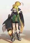  1girl bangs banonefans bike_shorts black_cape black_shirt black_shorts blue_eyes blunt_bangs cape closed_mouth coat commentary dated green_coat grey_footwear headgear highres inkling long_hair long_sleeves open_clothes open_coat pointy_ears shadowrunner2049 shirt shoes short_shorts shorts solo splatoon_(series) splatoon_2 squidbeak_splatoon standing tattered_cape tentacle_hair very_long_hair vest yellow_vest zapfish 