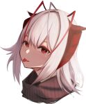  1girl ahoge arknights black_scarf commentary_request demon_horns fang highres horns looking_at_viewer medium_hair portrait red_eyes sanukiske scarf simple_background skin_fang solo tongue tongue_out w_(arknights) white_background white_hair 