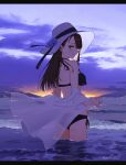 1girl angelica_(gunslinger_girl) asymmetrical_bangs bangs bare_shoulders bikini black_bikini blunt_ends breasts clothes_pull clouds cloudy_sky cowboy_shot floating_clothes flower_hat girls_frontline gunslinger_girl halterneck hat highres letterboxed light_smile looking_at_viewer looking_back mitsusaka_mitsumi ocean outdoors profile shirt shirt_pull side-tie_bikini sky small_breasts solo straight_hair sun_hat sunset swimsuit wading waves white_shirt 