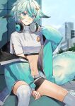  1girl absurdres animal_ears between_legs black_shorts blue_cardigan blue_eyes blue_hair blurry blurry_background breasts cardigan character_request closed_mouth day eyebrows_visible_through_hair fox_hair_ornament gradient_hair hand_between_legs headphones headphones_around_neck highres midriff multicolored_hair navel open_cardigan open_clothes outdoors pote-mm shiny shiny_clothes shiny_legwear short_hair short_shorts short_sleeves shorts silver_hair sitting small_breasts smile solo stomach thigh-highs white_legwear 
