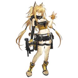  1girl ahoge animal_ears animal_feet animal_hands animal_nose bahao_diqiu bare_shoulders black_scarf black_shorts black_sleeves blonde_hair breasts chest_tuft crop_top detached_sleeves fang fingerless_gloves full_body furrification furry furry_female game_cg girls_frontline gloves gun hair_between_eyes highres holding holding_gun holding_weapon long_hair looking_at_viewer medium_breasts midriff navel official_art open_mouth pm-9_(girls_frontline) pm-9_(undefeated_golden_tornado)_(girls_frontline) sandals scarf shorts simple_background single_detached_sleeve solo standing tail thigh_strap transparent_background twintails very_long_hair waving weapon yellow_crop_top yellow_eyes yellow_footwear yellow_gloves 