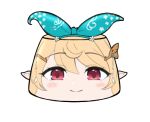  1girl :&gt; blonde_hair blue_bow blue_hairband blush bow closed_mouth food foodification hair_bow hair_ornament hairband hairclip looking_at_viewer nijisanji nijisanji_en pointy_ears pomu_rainpuff psychooorb pudding red_eyes simple_background smile solo transparent_background virtual_youtuber 