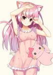  1girl animal_ear_fluff animal_ears arm_up bangs blush bow breasts brown_background brown_eyes cat_ears cat_girl cat_tail closed_mouth collarbone commentary_request copyright_request eyebrows_visible_through_hair frilled_shirt frills heart heart_print highres long_hair looking_at_viewer pajamas pants pink_hair pink_pajamas pink_pants pink_shirt print_pajamas print_pants print_shirt red_bow shirt signature simple_background sleeveless sleeveless_shirt small_breasts smile solo stuffed_animal stuffed_cat stuffed_toy tail tail_raised very_long_hair virtual_youtuber win_opz 