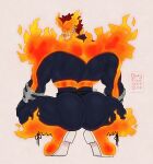  1boy artist_name beard bodysuit boku_no_hero_academia boots dirtyfox911911 endeavor_(boku_no_hero_academia) facial_hair fire from_behind full_body gloves grey_background highres looking_at_viewer looking_back male_focus mature_male meme muscular muscular_male redhead short_hair simple_background solo spiky_hair squatting superhero 