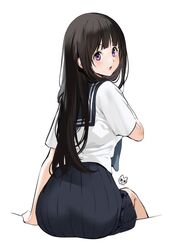  1girl :o arm_support artist_logo ass bangs black_hair black_skirt blush chitanda_eru from_behind highres hyouka invisible_chair kamiyama_high_school_uniform long_hair looking_at_viewer looking_back mery_(yangmalgage) open_mouth pleated_skirt sailor_collar school_uniform serafuku shirt short_sleeves simple_background sitting skirt solo violet_eyes white_background white_shirt 