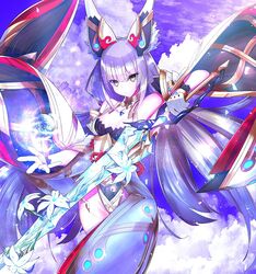  1girl animal_ear_fluff animal_ears breasts catalyst_scimitar clouds detached_sleeves flower highleg highleg_leotard highres holding holding_sword holding_weapon leotard long_hair magic medium_breasts nakazou2000 nia_(blade)_(xenoblade) nia_(xenoblade) purple_theme solo sword very_long_hair weapon xenoblade_chronicles_(series) xenoblade_chronicles_2 yellow_eyes 