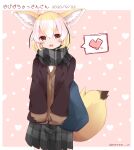  1girl animal_ear_fluff animal_ears bangs black_coat blonde_hair border brown_cardigan brown_eyes cardigan casual coat commentary_request cowboy_shot dated eeeee_m fennec_(kemono_friends) fox_ears fox_tail grey_scarf grey_skirt heart highres kemono_friends looking_at_viewer miniskirt open_mouth outside_border pink_background plaid plaid_scarf plaid_skirt pleated_skirt polka_dot polka_dot_background scarf short_hair skirt solo spoken_heart standing tail translation_request twitter_username white_border 