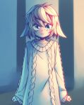  1girl absurdres angry blue_eyes closed_mouth cowboy_shot english_commentary frown highres horsefeathers long_sleeves looking_at_viewer original oversized_clothes short_hair solo sweater tearing_up white_hair white_sweater 