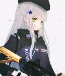  1girl assault_rifle bangs beret breasts crossed_bangs eyebrows_visible_through_hair girls_frontline gloves green_eyes gun h&amp;k_hk416 hair_ornament hairclip hat highres hk416_(girls&#039;_frontline) holding holding_gun holding_weapon long_hair looking_at_viewer open_mouth rifle silver_hair solo tactical_clothes uniform upper_body weapon white_background white_gloves yukiko_(leovioykk) 
