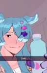  1girl :3 absurdres black_eyes blue_hair bottle closed_mouth derivative_work elira_pendora franzj gloves hair_ornament hair_over_one_eye head_wings highres holding holding_bottle looking_at_viewer meme nijisanji nijisanji_en one_eye_covered smile snapchat soapyak solo upper_body water_bottle 