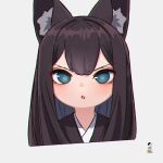 1girl animal_ear_fluff animal_ears bangs black_hair blue_eyes blush commentary_request cropped_torso eyebrows_visible_through_hair fox_ears grey_background highres kuro_kosyou long_hair looking_at_viewer original parted_lips simple_background solo upper_body v-shaped_eyebrows 
