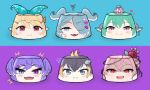  6+girls :&gt; :3 :d anger_vein black_hair blonde_hair blue_background blue_bow blue_eyes blue_hairband blush bow closed_mouth crown earrings elira_pendora evil_smile fangs finana_ryugu fish_hair_ornament flower food foodification hair_bow hair_flower hair_ornament hair_over_one_eye hairband hairclip head_fins head_wings heterochromia jewelry looking_at_viewer multicolored_hair multiple_girls nijisanji nijisanji_en one_eye_covered open_mouth petra_gurin pink_hair plant pointy_ears pomu_rainpuff psychooorb pudding purple_background purple_hair red_eyes red_flower red_rose rose rosemi_lovelock selen_tatsuki shaded_face simple_background slit_pupils smile tears thorns two-tone_background two-tone_hair vines violet_eyes virtual_youtuber 
