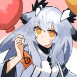  1girl :o arknights balloon bangs coat exion_(neon) hair_between_eyes holding holding_balloon long_hair long_sleeves looking_at_viewer open_mouth owl_ears owl_girl pink_background ptilopsis_(arknights) solo teeth two-tone_background white_background white_coat white_hair yellow_eyes 