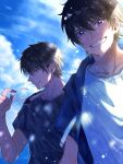  2boys ace_of_diamond black_shirt brown_hair clouds day highres holding holding_eyewear jacket looking_at_viewer male_focus miyuki_kazuya multiple_boys open_clothes open_jacket sawamura_eijun shirt short_hair sky smile teeth terarenai upper_body wet wet_clothes wet_hair white_shirt 