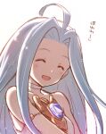  1girl ahoge bare_shoulders blue_hair breasts choker closed_eyes dress face granblue_fantasy jewelry kiikii_(kitsukedokoro) long_hair lyria_(granblue_fantasy) open_mouth portrait simple_background small_breasts smile solo translation_request upper_body white_background white_dress 