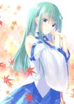  1girl autumn_leaves blue_eyes blue_skirt detached_sleeves eyebrows_visible_through_hair green_hair hair_between_eyes highres kochiya_sanae leaf long_hair long_sleeves maple_leaf open_mouth shiny shiny_hair shiohari_kanna skirt solo standing straight_hair touhou white_sleeves wide_sleeves wing_collar 