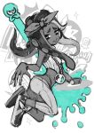  1girl bandana full_body greyscale h@ruichi ink jewelry long_hair looking_at_viewer marie_(splatoon) monochrome necklace octopus pants shoes smile solo splatoon_(series) splatoon_2 tentacle_hair tentacles white_background white_pants 