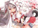  1girl azur_lane breasts closed_mouth collar commentary_request detached_sleeves eyebrows_visible_through_hair fang fingernails grey_hair highres hood kyonta long_hair lying medium_breasts official_alternate_costume on_side red_collar red_eyes red_skirt skin_fang skirt slit_pupils smile solo tail thick_eyebrows thighs under_boob wide_sleeves wolf_girl wolf_hood wolf_tail yuudachi_(azur_lane) yuudachi_(the_bride_of_solomon)_(azur_lane) 