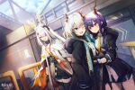  3girls alternate_universe animal_ears arknights blue_sky ch&#039;en_(arknights) copyright_name dragon_girl dragon_horns english_text frostnova_(arknights) gloves hands_in_pockets happy horns hug landship multiple_girls one_eye_closed pistachiocream rabbit_ears rabbit_girl rhodes_island_logo siblings sisters sky talulah_(arknights) 