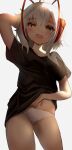  1girl absurdres ahoge arknights arm_behind_head backlighting black_shirt clothes_lift collarbone commentary_request cowboy_shot demon_horns grey_hair highres horns lifted_by_self midriff_peek navel open_mouth panties re_iria0613 shirt shirt_lift short_hair simple_background solo standing thighs underwear w_(arknights) white_background white_panties yawning yellow_eyes 