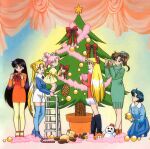  1990s_(style) 6+girls aino_minako bishoujo_senshi_sailor_moon black_footwear black_hair blonde_hair blue_hair blue_legwear boots brown_footwear brown_hair casual chibi_usa christmas_garland christmas_ornaments christmas_tree decorating double_bun dress fur_trim high_ponytail hino_rei kino_makoto knee_boots kneeling ladder long_hair long_sleeves mizuno_ami multiple_girls official_art open_mouth pantyhose pink_hair retro_artstyle short_dress short_hair shorts smile snowman standing stuffed_animal stuffed_toy sweater teddy_bear thigh-highs tsukino_usagi turtleneck twintails very_long_hair yellow_legwear 