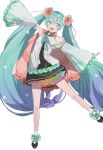  1girl aqua_eyes aqua_hair blue_hair dress frilled_sleeves frills gradient_hair hatsune_miku highres long_hair multicolored_hair simple_background smile solo standing standing_on_one_leg tte_wake!? twintails very_long_hair vocaloid white_background wide_sleeves 